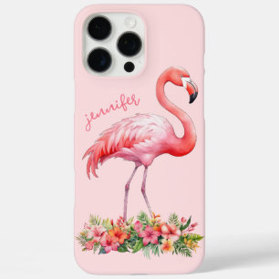 Coques iPhone 16 Pro Max Flamant rose avec fleurs tropicales