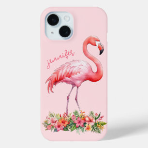 Coque Pour iPhone 15 Flamant rose avec fleurs tropicales