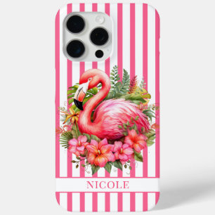 Coque iPhone 15 Pro Max Flamant rose avec fleurs tropicales sur rayures