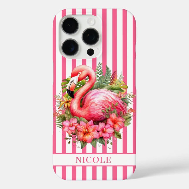 Coques Case-Mate iPhone Flamant rose avec fleurs tropicales sur rayures (Verso)