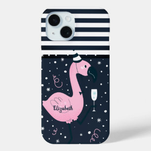 Coque Pour iPhone 15 Flamant Rose Cool Marine Rayé Bleu Navy