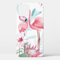 flamant rose et fleurs exotiques, feuilles de palm