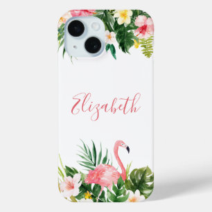 Coque Pour iPhone 15 Flamant rose floral tropical personnalisé