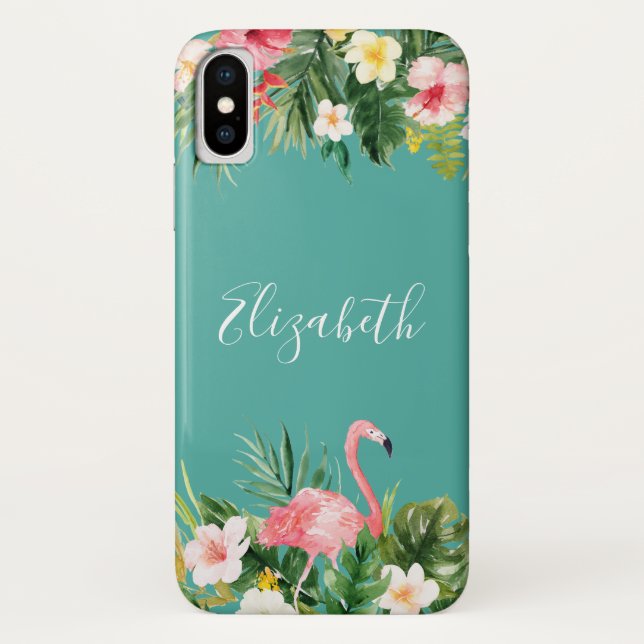 Coques Case-Mate iPhone Flamant rose floral tropical personnalisé Teal (Dos)