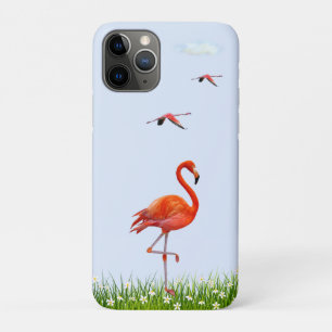 Case-Mate iPhone Case Flamant rose rose et prairie avec fleurs sur bleu 