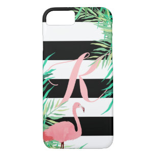 Coque iPhone 8/7 Flamant rose rose et rayures noires décorés d'un