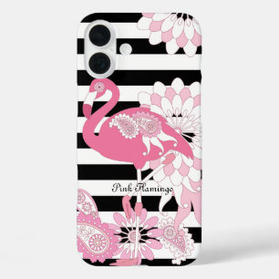 Coques iPhone 16 Plus Flamant rose rose rayé noir et blanc