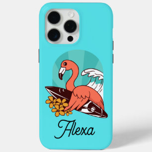 Coque iPhone 15 Pro Max Flamant rose turquoise surf