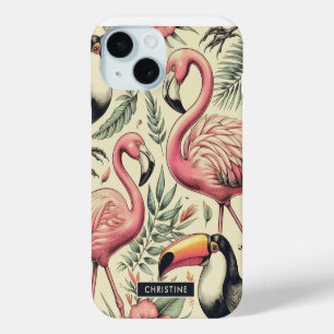 Coque Pour iPhone 15 Flamant rose vintage et Toucan sans couture