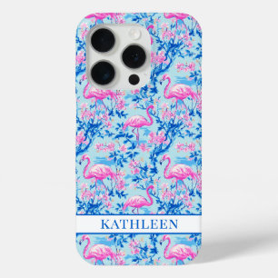 Coque iPhone 15 Pro Flamants avec fleurs roses monogrammées