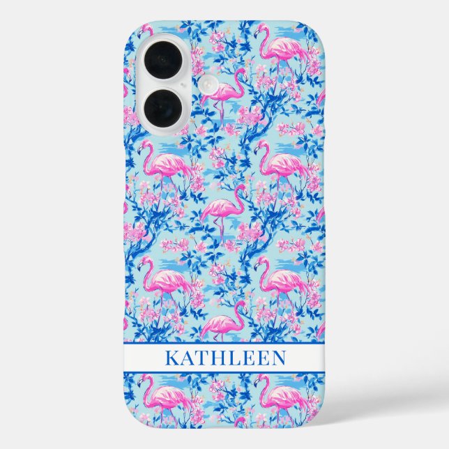 Coques Case-Mate iPhone Flamants avec fleurs roses monogrammées (Verso)