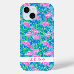 Coque Pour iPhone 15 Flamants Rose Monogrammés Aquarelle