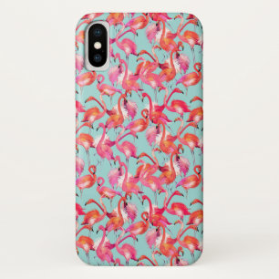 Coque iPhone X Flamants roses d'aquarelle recueillis