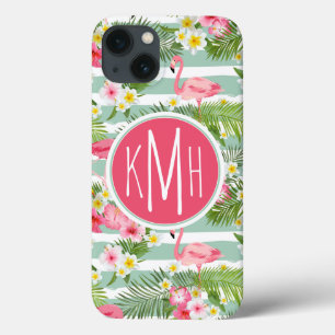 iPhone 13 Coque Flamants roses Et Rayures Monogramme