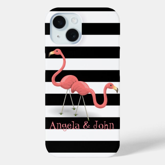 Coques Case-Mate iPhone Flamants roses mignons, noir, bandes blanches Pers (Verso)