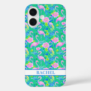 Coque Pour iPhone 16 Flamants Roses Monogrammés