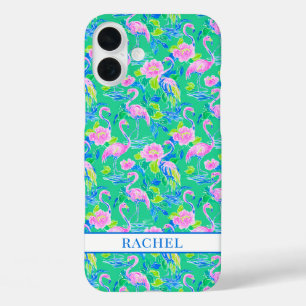 Coques iPhone 16 Plus Flamants roses monogrammés