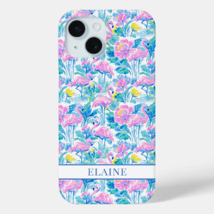 Coque Pour iPhone 15 Flamants roses monogrammes aquarelle