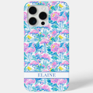 Coque iPhone 15 Pro Max Flamants roses monogrammes aquarelle
