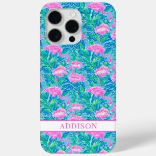 Coque iPhone 15 Pro Max Flamants Roses Monogrammes Aquarelle