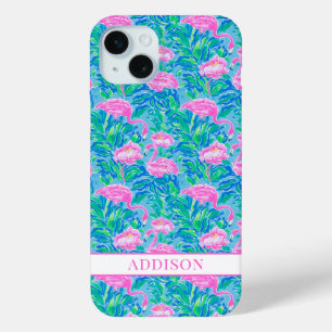 Coque iPhone 15 Mini Flamants Roses Monogrammes Aquarelle