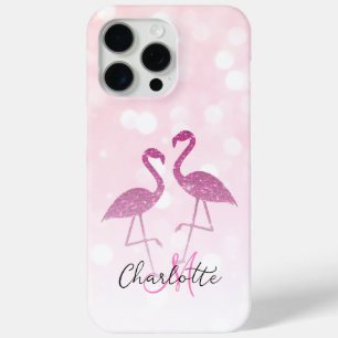 Coque iPhone 15 Pro Max Flamants roses pailletés Monogramme