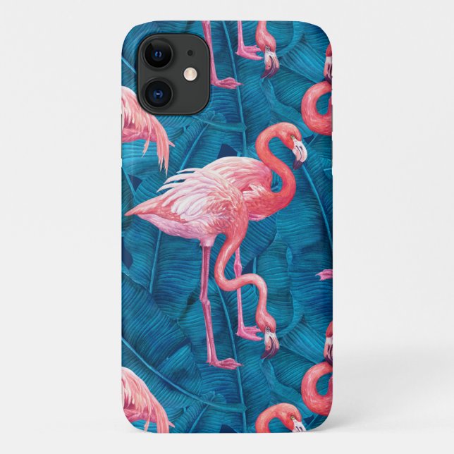 Coques Case-Mate iPhone Flamants roses sur feuilles de bananes bleues (Dos)