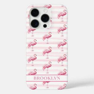 Coques iPhone 16 Pro Flamants sur rayures à l'aquarelle monogrammées