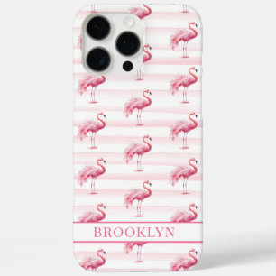 Coques iPhone 16 Pro Max Flamants sur rayures à l'aquarelle monogrammées