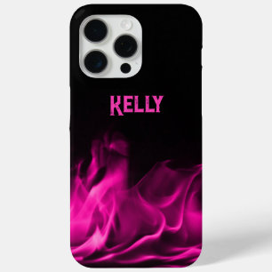 Coque iPhone 15 Pro Max Flammes roses personnalisées sur noir
