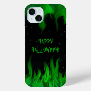 Coque iPhone 15 Mini Flammes vertes dans le ciel étoilé