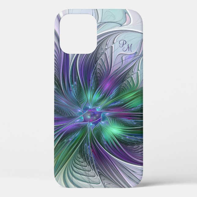 Coques Case-Mate iPhone Fleur Abstraite Art Fractal Initiales Violet Vert (Verso)