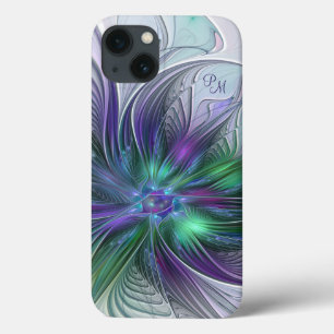 Coques Pour iPhone Fleur Abstraite de Monogramme Fractal Art en Viole