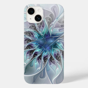 Coque Pour iPhone 14 Fleur Abstraite Fractale Moderne Avec Bleu