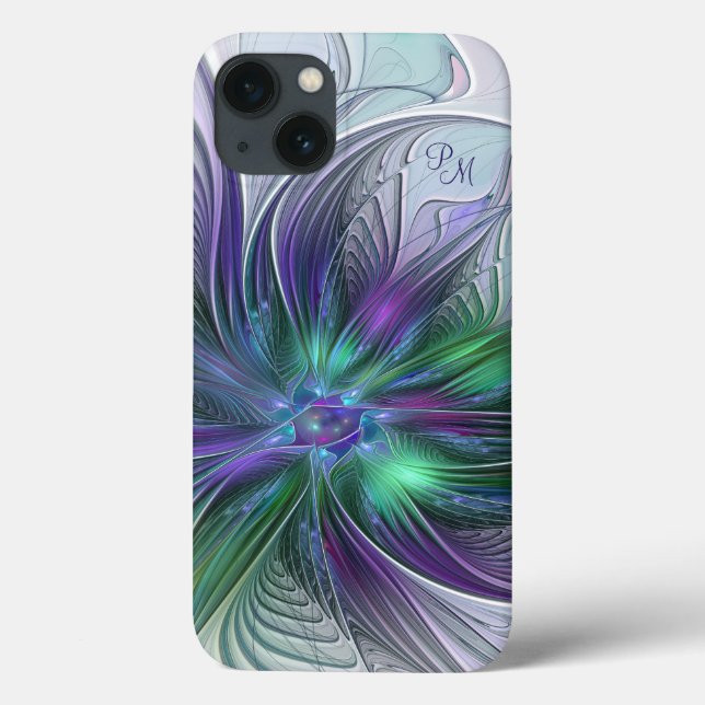 Coques Case-Mate iPhone Fleur abstraite fractale violette verte Initiales (Verso)