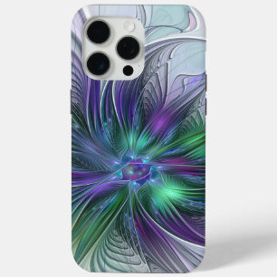 Coque iPhone 15 Pro Max Fleur Abstraite Moderne Fractale Verte Violette