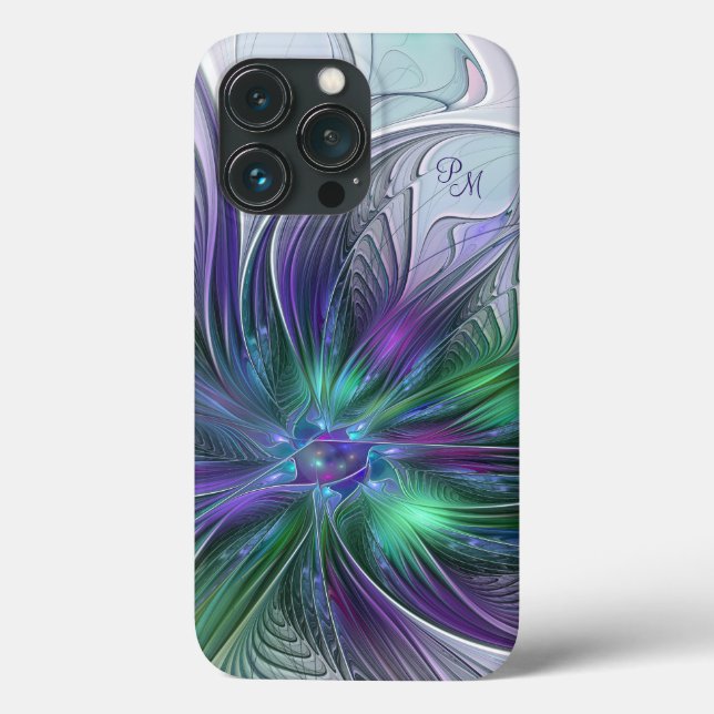 Coques Case-Mate iPhone Fleur Abstraite Violette Verte Art Fractal Initial (Verso)