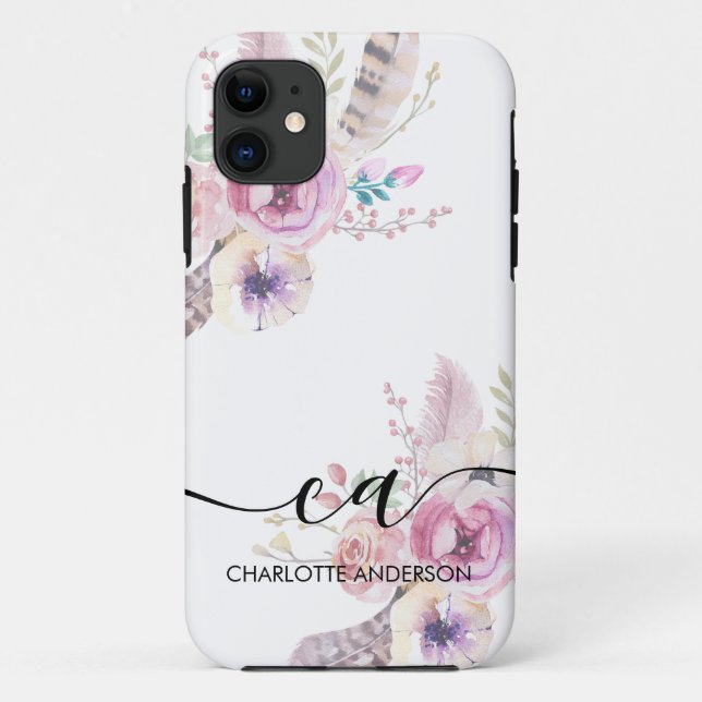Coques Case-Mate iPhone Fleur Boho, Monogramme (Dos)