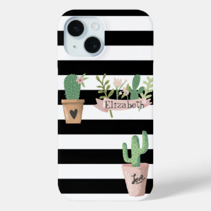 Coque Pour iPhone 15 Fleur de Cactus Rayures Noires et Blanches