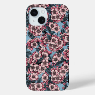 Coque Pour iPhone 15 Fleur de cerisier rose et bleu