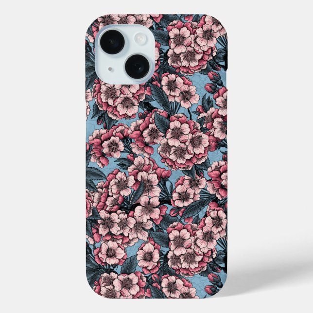 Coques Case-Mate iPhone Fleur de cerisier rose et bleu (Verso)