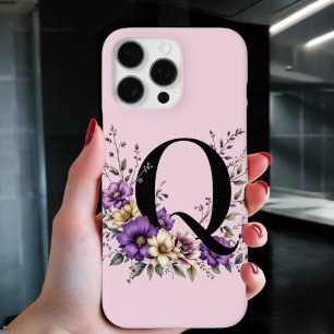 Coques iPhone 16 Pro Max Fleur de lavande : 'Q' initial monogramme