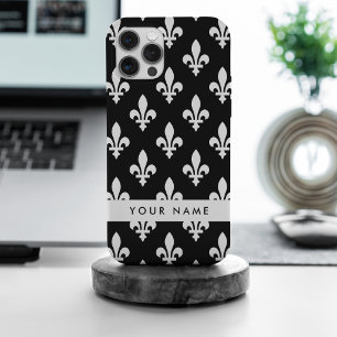 Coque iPhone 15 Pro Max Fleur de Lis, Blanc sur Noir, Blanc, Votre Nom