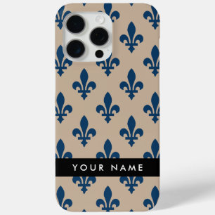 Coque iPhone 15 Pro Max Fleur de Lis, Bleu Marine sur Beige, Royal, Votre