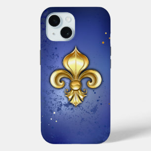 Coque Pour iPhone 15 Fleur de lis dorée sur fond bleu