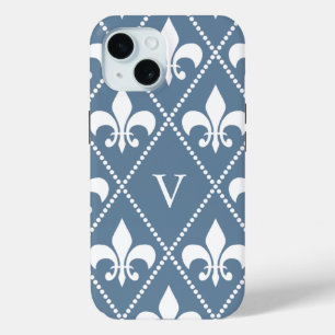Coque Pour iPhone 15 Fleur de Lis gris français avec monogramme