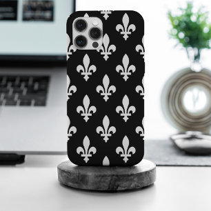 Coque iPhone 15 Pro Max Fleur de Lis Motif, Royal French, Blanc sur Noir