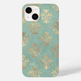 Coque Pour iPhone 14 Fleur de lis or et turquoise patine vintage verte