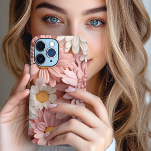 Coque Pour iPhone 14 Fleur de marguerite 3D rose et blanche