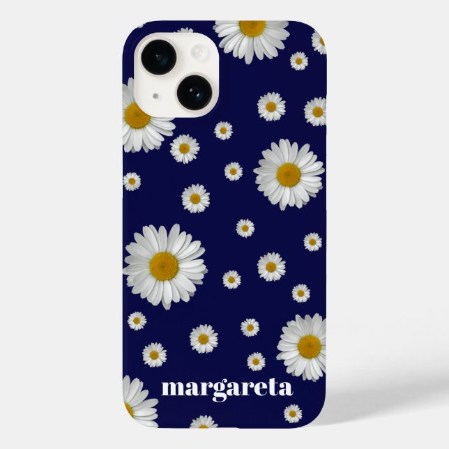 Coques Case-Mate iPhone Fleur de marguerite rétro avec nom Navy Blue (Verso)